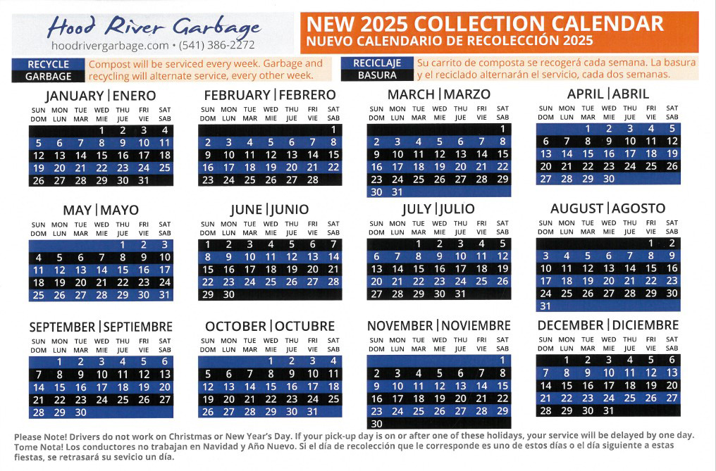 Hood River City 2024 Collection Calendar.